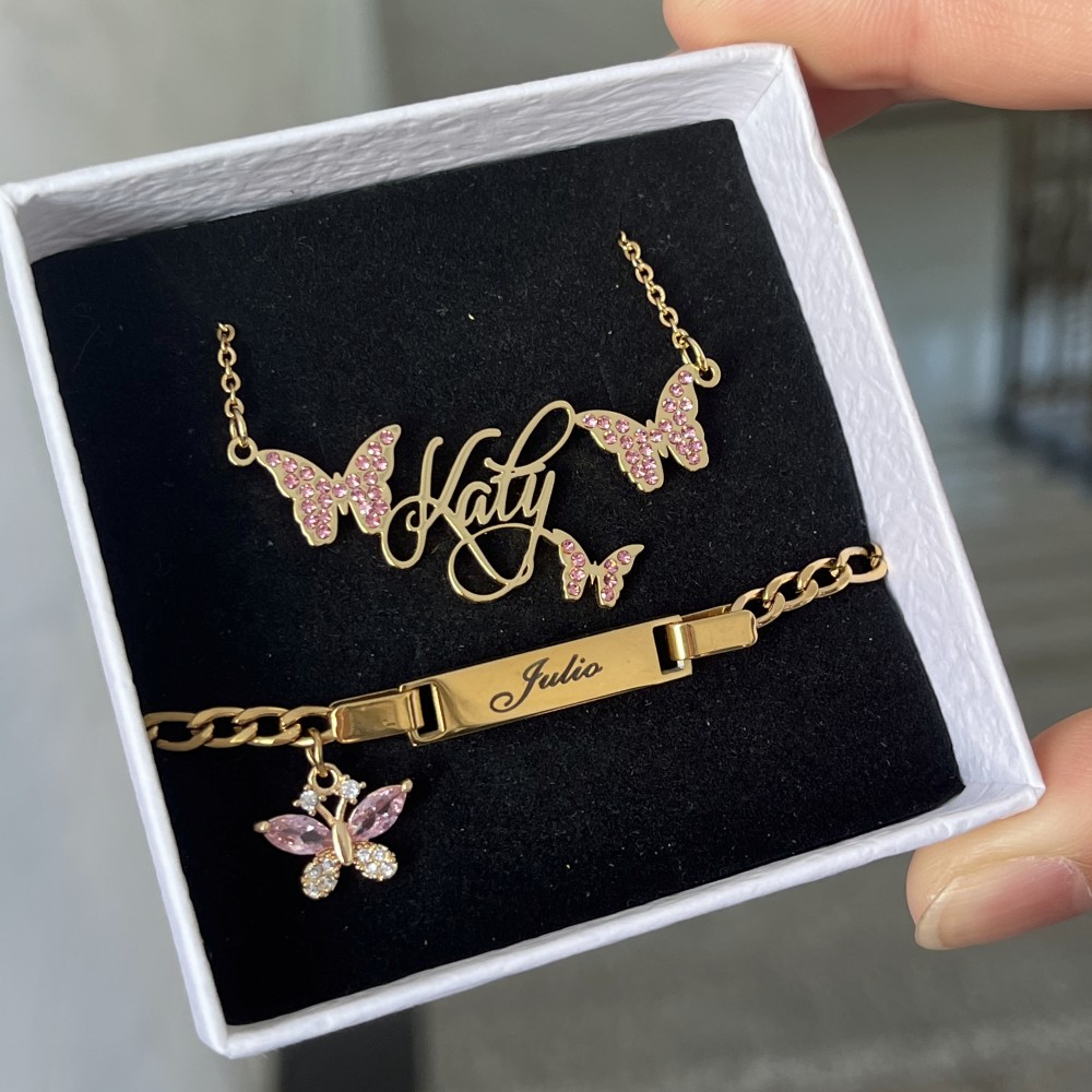 Engraved Name Necklace - DUOYING 맞춤형 핑크 나비 세트, 맞춤형