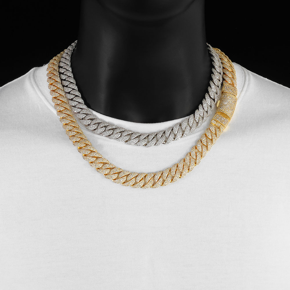 Hip Hop Chain Necklace - 14mm 3줄 다이아몬드 쿠반 링크 목걸이,